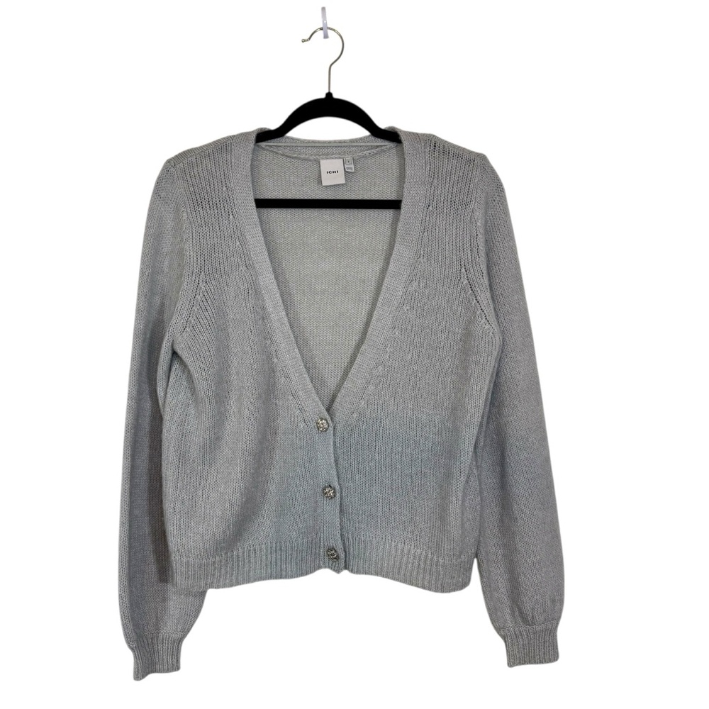 Ichi Open Knit Cardigan Woman’s Sz S Gray Rhinestone Button V Neck Stretch